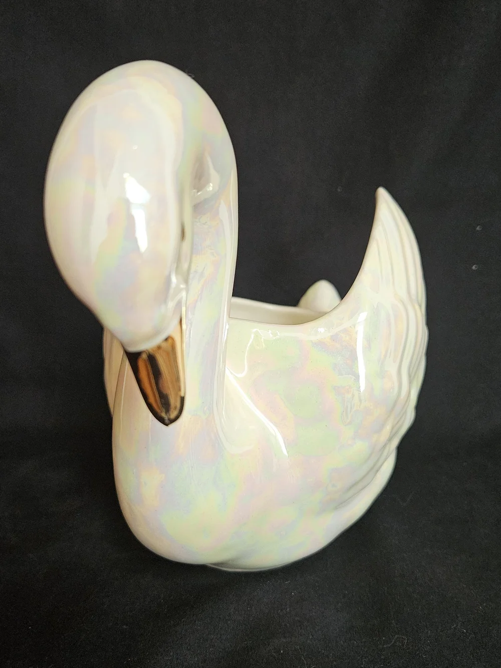 Iridescent Ceramic Swan Planter with Gold Beak